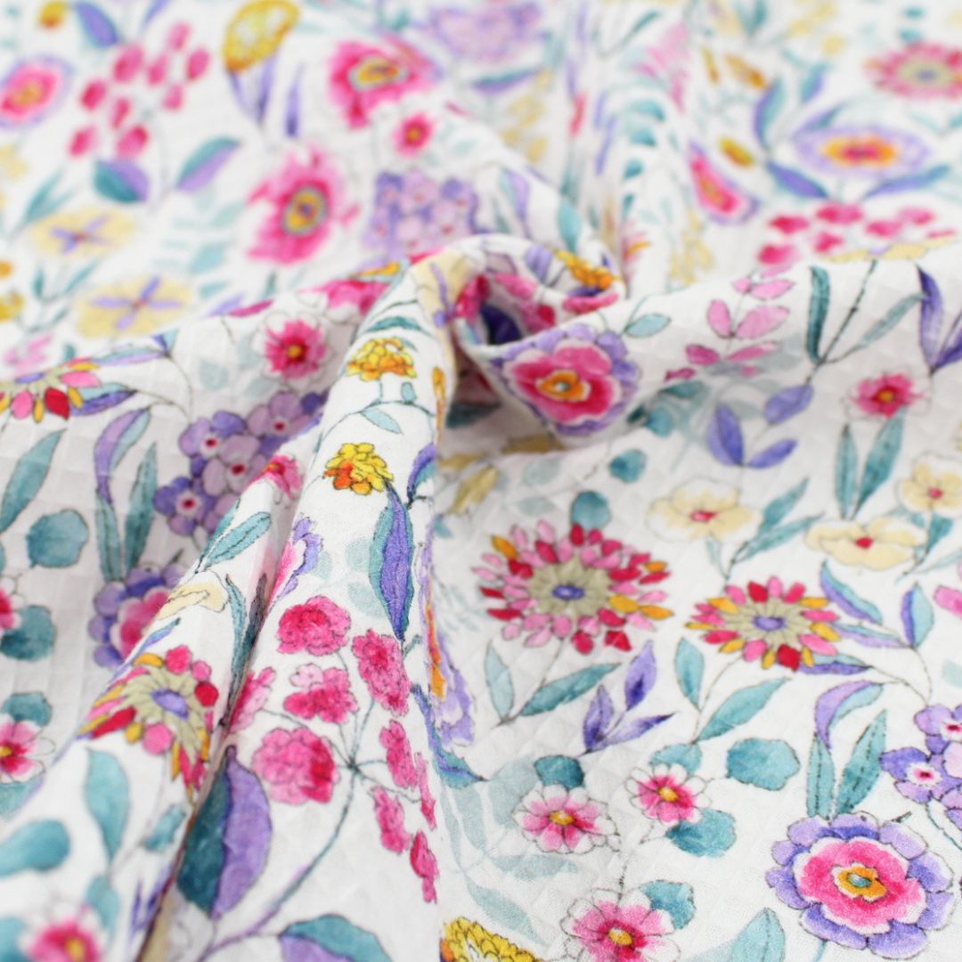Waffelstoff bunte Blumen | Weiß - Stofftime
